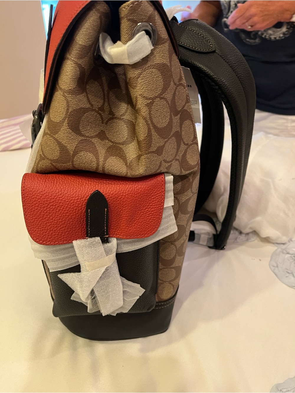 Coach Brown Signature Canvas Backpack with Red Flap and Black Trim